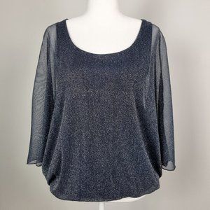 Dorothy Perkins Navy Sparkle Blouse Butterfly Sleeves Banded Bubble Hem Size 12